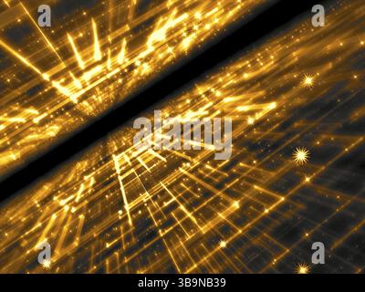 Verschwommener goldener fraktaler Hintergrund mit Perspektive, Raster und Sternen. Abstraktes computergeneriertes Bild. Digitale Kunst für den Hintergrund, Desktop-Hintergrund, wir Stockfoto