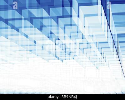 Flying weißen und blauen Würfel Perspektive Hintergrund-abstrakten computer-generierten 3D-Darstellung. Zukunft Technik oder Science-fiction-Kulisse. Für p Stockfoto