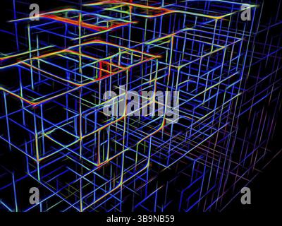 Leuchtwürfel in Neon - computergenerierte 3D-Illustration. Digitale Kunst: Wand aus Blöcken. Technologie oder Sci-fi-Hintergrundbild mit dunklem Hintergrund oder Desktop-Hintergrund Stockfoto