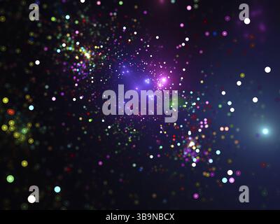 Himmel mit Sternen – computergenerierter unscharfer Hintergrund. Abstrakte Raumlandschaft mit verschiedenen Objekten: Leuchtende Punkte, Lichtstrahlen, Galaxien, Stern c Stockfoto