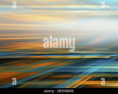 Metaverse Konzept Hintergrund mit Perspektive und Kopierraum - abstrakte 3D-Illustration. Digital generiertes Bild – fraktales Bild. Blaues und orangefarbenes Raster und Stockfoto