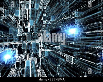 Abstrakter Technologiehintergrund - computergenerierte 3D-Illustration. Fraktale Kunst: Gitter aus Rechtecken mit perspektivischen und Lichteffekten. Technisches Konzept Stockfoto
