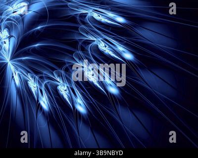 Blume hell glüht im Dunkeln - fraktale abstrakte Illustration. Vom Computer generiertes Bild mit Kopierraum. Leuchtende Linien bilden ungewöhnliche Blütenblätter Stockfoto