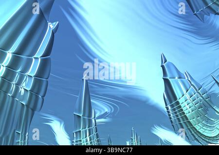 Fraktaler Hintergrund: Ungewöhnlicher Blick auf den blauen Himmel mit Berggipfeln oder Wolkenkratzern. Abstraktes computergeneriertes Bild Stockfoto