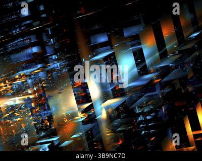 Abstrakte 3D-Illustration – leuchtend blaue und orangene Blöcke unterschiedlicher Größe. Zukunftstechnologien, virtuelle Realität oder Konzept der künstlichen Intelligenz. Stockfoto