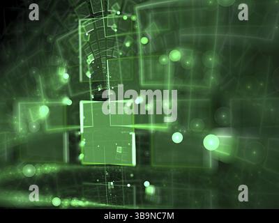 Abstrakte Technologie verschwimmt computergeneriertes Bild. Fraktale Geometrie: Verschwommenes Raster und leuchtendes rundes Bokeh. Technischer Hintergrund für Banner, Poster, Web de Stockfoto