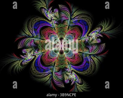 Abstraktes futuristisches Mandala - computergeneriertes Bild. Fraktale Kunst: Ungewöhnliche Blüten bestehen aus hellen Kurven. Heilige Geometrie. Mystisch, esoterisch oder sci Stockfoto