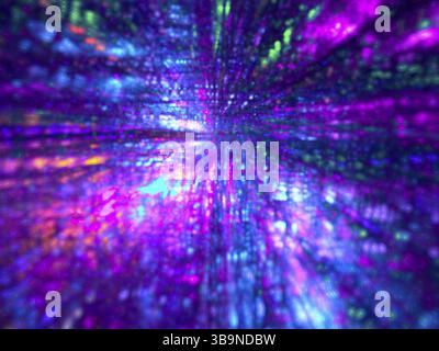 Abstrakter mehrfarbiger Hintergrund mit Bokeh und perspektivischem Effekt - 3D-Illustration. Technisches oder festliches Thema. Fractal – Computerdarstellung. F Stockfoto