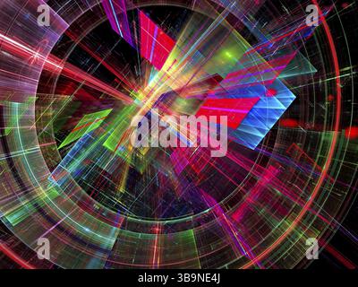 Farbiger Science-fiction- oder informationstechnischer Hintergrund – abstrakte computergenerierte 3D-Illustration. Scheibe oder Tunnel im technischen Stil mit leuchtenden Linien und DO Stockfoto