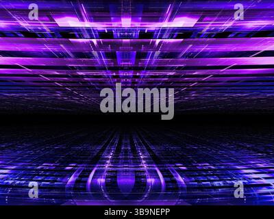 High-Tech- oder Sci fi-Hintergrund – 3D-Illustration. Abstraktes computergeneriertes Bild - Fraktal. Perspektivische Zusammensetzung. Neon-glühende Streifen und Rekta Stockfoto