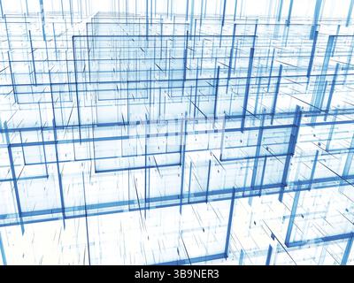 Weißer und blauer technischer Hintergrund – abstraktes, computergeneriertes Bild. Digitale Kunst: Perspektive und Raster wie eine ungewöhnliche Wand aus Blöcken. Für Banner, Web de Stockfoto