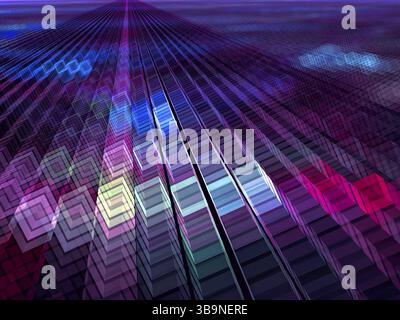 Farbige Würfel auf violettem Hintergrund - abstrakte, computergenerierte 3D-Illustration. Digitale Kunst: Weg besteht aus Blöcken. Für Desktop-Hintergrundbilder, Webdesig Stockfoto