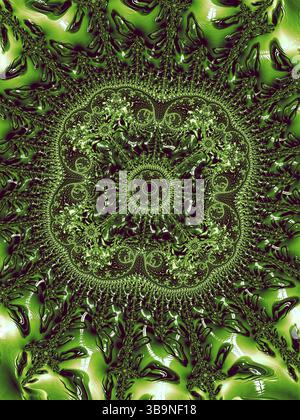 Abstrakter fraktaler Hintergrund - computergenerierte Illustration. Digitale Kunst: Mystisches Muster aus Kurven, Spiralen, Locken und Blumen. Vertikales Bild für Stockfoto