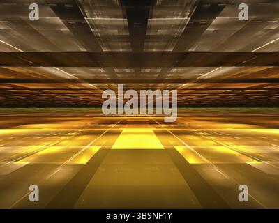 Einfacher goldener Hintergrund mit perspektivischem Effekt – abstrakte 3D-Illustration. Ebenen, die zum Horizont konvergieren. Raster- und Lichteffekte. Science-Fiction Stockfoto