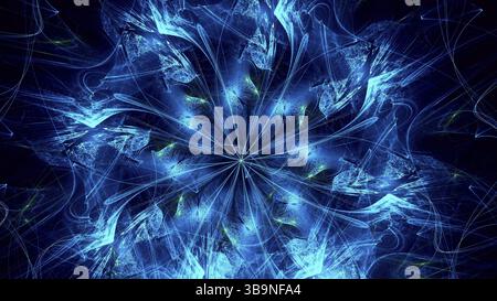 Blaue fraktale Blume - abstrakte computergenerierte 3D-Illustration. Fraktaler Hintergrund. Locken und Lichteffekte. Für Cover, Poster, Webdesign Stockfoto