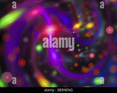 Abstrakte violette Unschärfe – computergeneriertes Bild. Fraktalgeometrie – verschwommener Wirbel mit Bubble Bokeh. Festlicher Hintergrund oder Hintergrund für Karten, Poster Stockfoto