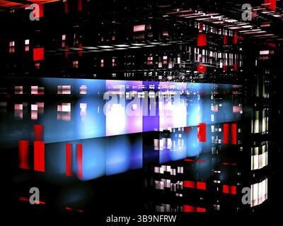 Dunkler Technologiehintergrund mit leuchtenden Blöcken – 3D-Illustration. Horizontale Komposition mit perspektivischem Effekt. Rechtecke und Licht in zufällig abgesetzten Abständen Stockfoto