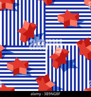 Abstraktes geometrisches nahtloses Muster mit isometrischen 3D-Sternen und marineblauen Streifen. Vektor USA Flagge Feiertagshintergrund. Modischer Textildruck, Wrap Stock Vektor