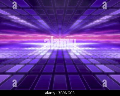 Technischer Hintergrund mit Unschärfe, Neonlicht und perspektivischem Effekt – abstrakte 3D-Illustration. Karierte Oberfläche ähnlich einer Tastatur. Futuristischer Tunnel - Stockfoto