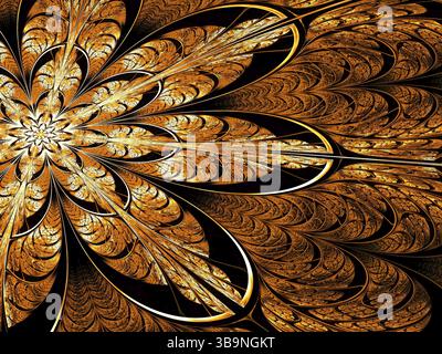 Fraktblume - abstraktes computergeneriertes Bild. Digitale Kunst: Kunstvoll verzierte goldene Blütenblätter wie Mosaik oder Buntglas. Für Karten, Banner, Puzzles Stockfoto