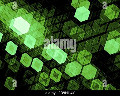 Grüne Technologie Hintergrund mit leuchtenden Würfel. Abstrakte computer-generierten Bild - 3d-Abbildung. Tech, große Daten oder blockchain Konzept für Hintergrund Stockfoto