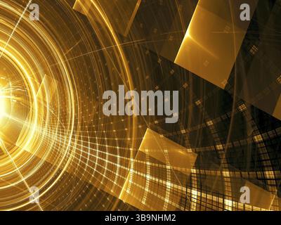 Abstrakter goldener Hintergrund - computergeneriertes Bild. Digitale Kunst: Tunnel-, Raster- und Lichteffekte. Für Banner, Cover, Poster Stockfoto