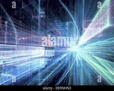 Abstrakt Blau und Lila aus technologischer Perspektive Hintergrund - computer-generierten 3D-Darstellung. Digitale Kunst: Gerade Linien konvergieren zu Punkt wie Stockfoto