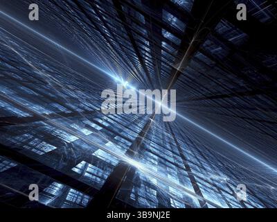 Dunkelblauer fraktaler Hintergrund mit diagonaler Inline-Oberfläche, Gitter und leuchtenden Linien und Kurven wie Blitze. Technologie oder Science-fiction-Konzept. Abstract com Stockfoto