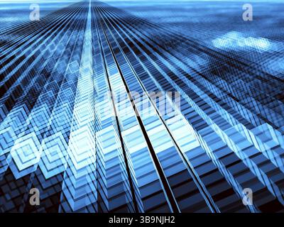 Hintergrund mit Hochglanzwürfeln – abstraktes, computergeneriertes Bild. Digitale Kunst: Blauer Weg besteht aus Blöcken. Hintergrund für Desktop-Hintergrundbilder, Webdesign, Flye Stockfoto