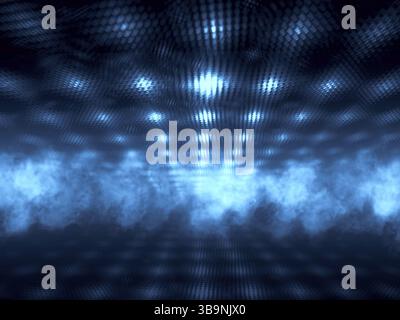 Abstrakter Hintergrund mit Spotlights, Smog und Perspektive - computergenerierte 3D-Illustration. Science-Fiction, Technologie oder Metaverse-Konzept. Entleerung Stockfoto