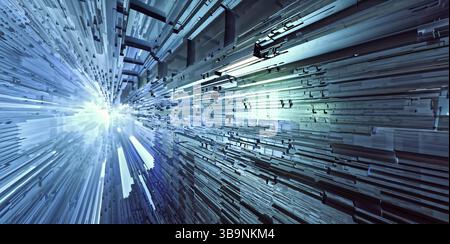 Abstrakter technischer Hintergrund – digital generiertes Bild. 3D-Rendering – fraktale Abbildung. Surrealer Tunnel mit Bewegungsunschärfe. Virtuelle Realität oder Information Stockfoto