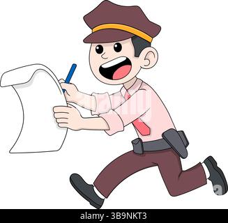 Cartoon-Kritzelei eines Polizisten, der mit einem Notizblock läuft, als Symbol für die Strafverfolgung oder für die Ausstellung eines Verkehrsfahrscheins. Stock Vektor