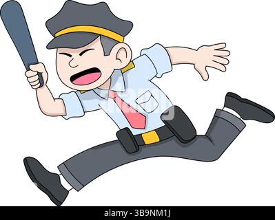 Cartoon-Kritzelei eines Polizisten, der mit einem Stab läuft, repräsentiert eine schnelle Reaktion in der Strafverfolgung Stock Vektor