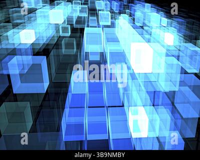 Fliegende Würfel - abstrakte Computergenerierte 3d-Abbildung mit Perspektive und Licht Effekte. Für web design, Banner, abdeckt. Hi Tech oder Daten scienc Stockfoto