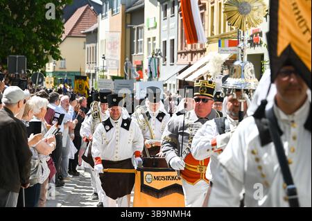 Sangerhausen, Deutschland. Mai 2025. Während der Bergbauparade von 2025 ziehen Bergleute durch das Stadtzentrum. Die Parade ist der Höhepunkt des Jubiläumsjahres „825 Jahre Kupferschieferabbau im Bergbaugebiet Sangerhausen und der Mansfeld Mulde“. Der Bergbau hat die Landschaft und die Menschen in der Region geprägt und ist bis heute sichtbar. Quelle: Heiko Rebsch/dpa/Alamy Live News Stockfoto