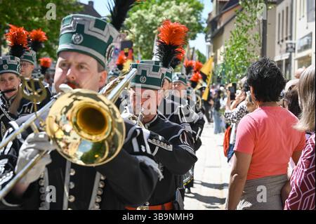 Sangerhausen, Deutschland. Mai 2025. Während der Bergbauparade 2025 marschiert eine Bergarbeiterkapelle durch das Stadtzentrum. Die Parade ist der Höhepunkt der Feierlichkeiten „825 Jahre Kupferschieferbergbau im Bergbaugebiet Sangerhausen“ und der Mansfeld Mulde. Der Bergbau hat die Landschaft und die Menschen in der Region geprägt und ist bis heute sichtbar. Quelle: Heiko Rebsch/dpa/Alamy Live News Stockfoto