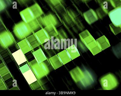 Verschwommene fliegende Würfel - abstrakter Technologiehintergrund. Fraktale Geometrie: Chaos Hochglanzquadrat - computergeneriertes Bild. Für Cover, Poster, Webdesi Stockfoto