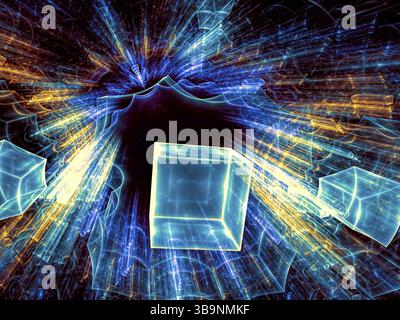 Abstrakter futuristischer Hintergrund - computergeneriertes Bild. Fraktale Kunst: Glaswürfel und Partikel im engen Tunnel. Für Cover, Poster, wir Stockfoto