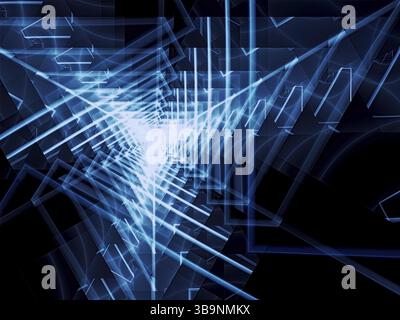 Technischer Hintergrund - dunkelblauer Dreieckstunnel. Abstraktes computergeneriertes Bild - Fraktal. Leuchtende gerade Linien mit perspektivischem Effekt. Graphen Stockfoto