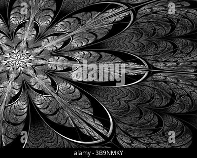 Fraktblume - abstraktes computergeneriertes Bild. Digitale Kunst: Verzierte rote und gelbe Blütenblätter wie Mosaik oder Buntglas. Für Karten, Banner, Puzzle Stockfoto