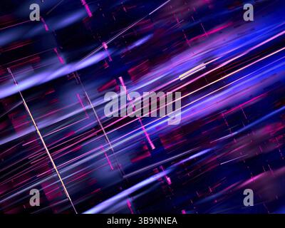 Abstrakter glänzender Hintergrund mit chaotischen geraden Linien - 3D-Illustration. Farben Blau und Magenta. Thema Technologie oder Informatik. Für Banner, S. Stockfoto