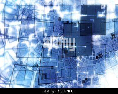 Abstrakter weißer und blauer Technologiehintergrund – computergeneriertes Bild. Fraktale Kunst: Glänzend wellige Oberfläche mit gewelltem Raster und Lichteffekten. Für Hi- Stockfoto