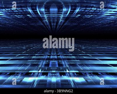 Abstrakter perspektivischer Hintergrund - 3D-Illustration. Computergeneriertes Bild – Fraktal. Perspektivische Komposition mit Lichteffekten. SCI fi oder vr Conep Stockfoto