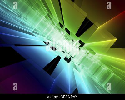 Perspektivischer Hintergrund mit Regenbogenverlauf. Abstrakte computergenerierte 3D-Illustration. Diagonale geneigte Oberfläche. High-Tech- oder Sci fi t Stockfoto