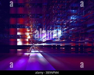 Abstrakte Stadtstraße oder futuristisches Rechenzentrum der Zukunft – computergenerierte 3D-Illustration. Science-Fiction- oder Big-Data-Konzept. Desktop-Hintergrundbild oder Stockfoto