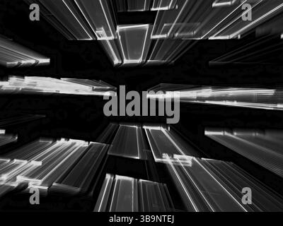 Fliegen zu den horizontalen Rechtecken - chaotischer fraktaler Hintergrund. Abstraktes, computergeneriertes, verschwommenes Bild im Technikstil. Für Webdesign, Abdeckungen Stockfoto