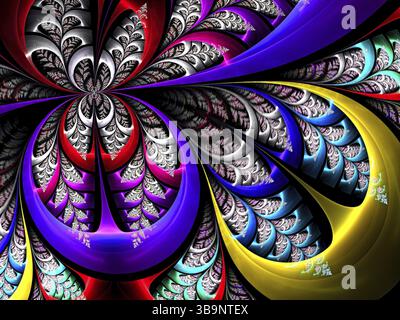 Fraktales verschwommenes Ornament - abstraktes computergeneriertes Bild. Komplizierte Muster wie Blütenblätter mit ungewöhnlichen Blüten oder Buntglas. Für Abdeckungen, Webdesign Stockfoto
