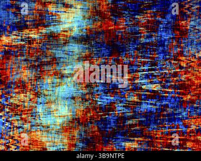 Helle abstrakte Textur mit zufällig angeordneten Punkten und Konturen. Fraktal ist eine Computerdarstellung. Blaue und orangene Farben. Grafisches Designelement. Im Stockfoto