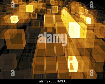 Goldene fliegende Würfel - abstrakte, computergenerierte 3D-Illustration mit Perspektive auf dunklem Hintergrund. Für Webdesign, Banner, Cover. Hi-Tech oder s Stockfoto