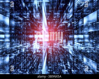Perspektivischer Hintergrund mit blauer Technologie und Lichteffekten – abstrakte 3D-Illustration. Digitale Kunst – Fraktal. Leuchtende, durchscheinende Blöcke und ein Fleck von Stockfoto